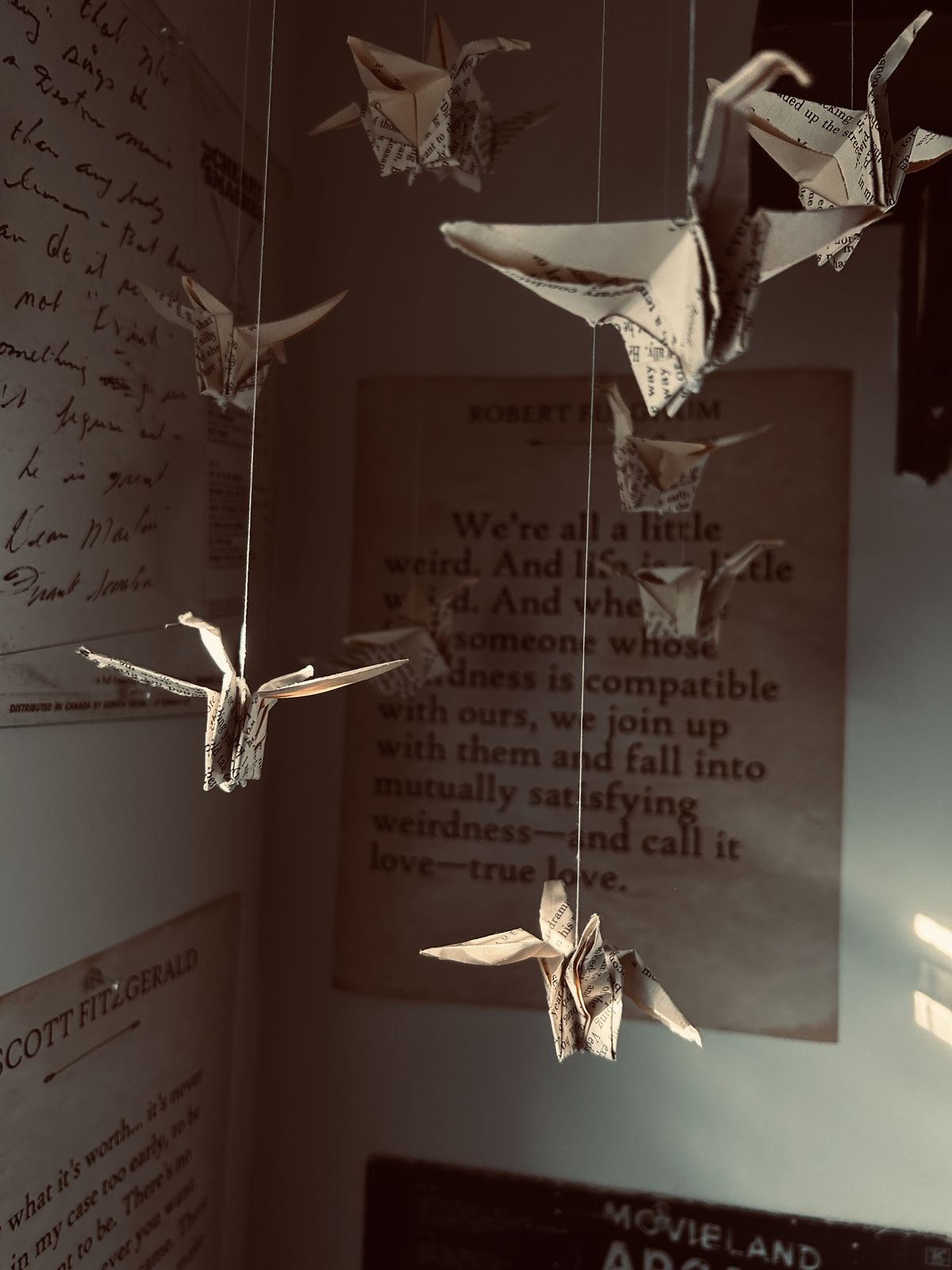 Paper cranes folded from book pages, suspended over literary prints